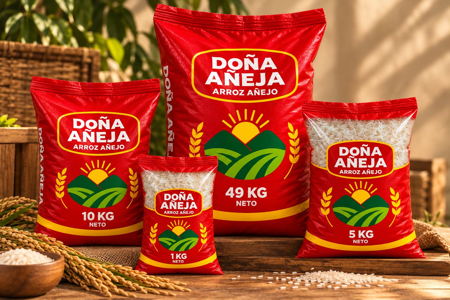 Presentaciones de arroz Doña Añeja de 1 kg, 5 kg, 10 kg y 49 kg